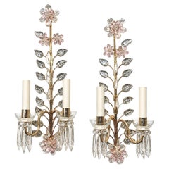 Set of Gilt Sconces with Pink Crystal Flowers, Sold in Pairs