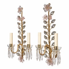 Set of Gilt Sconces with Pink Crystal Flowers, Sold in Pairs