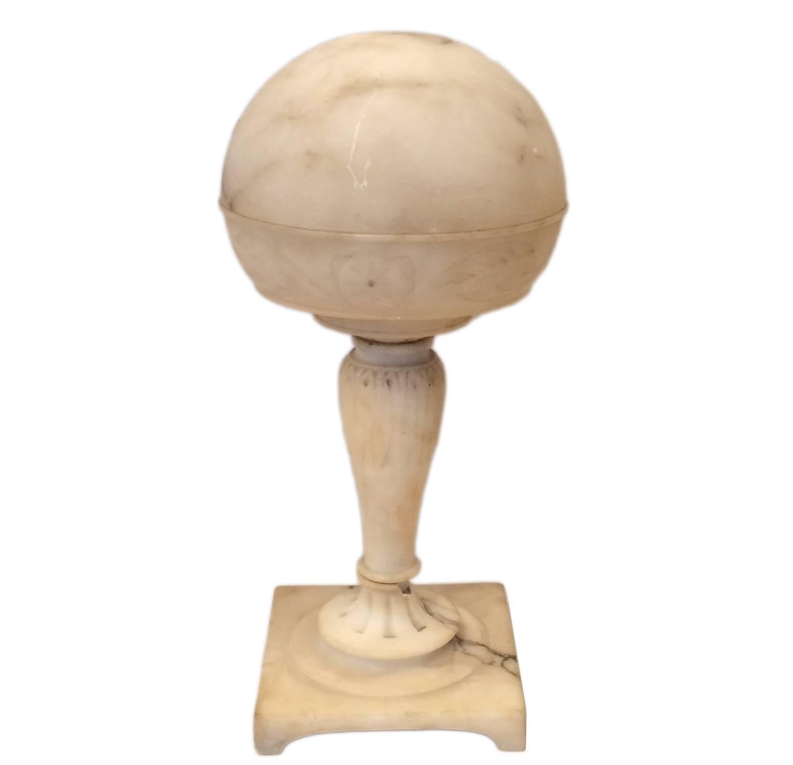 Carved alabaster lamp, with alabaster shade. Single interior light, Italian, 1920s. Very good condition, some patina.