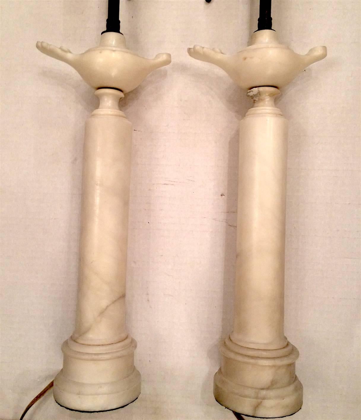 Pair of Oil Lamp Shaped Alabaster Lamps In Excellent Condition In New York, NY