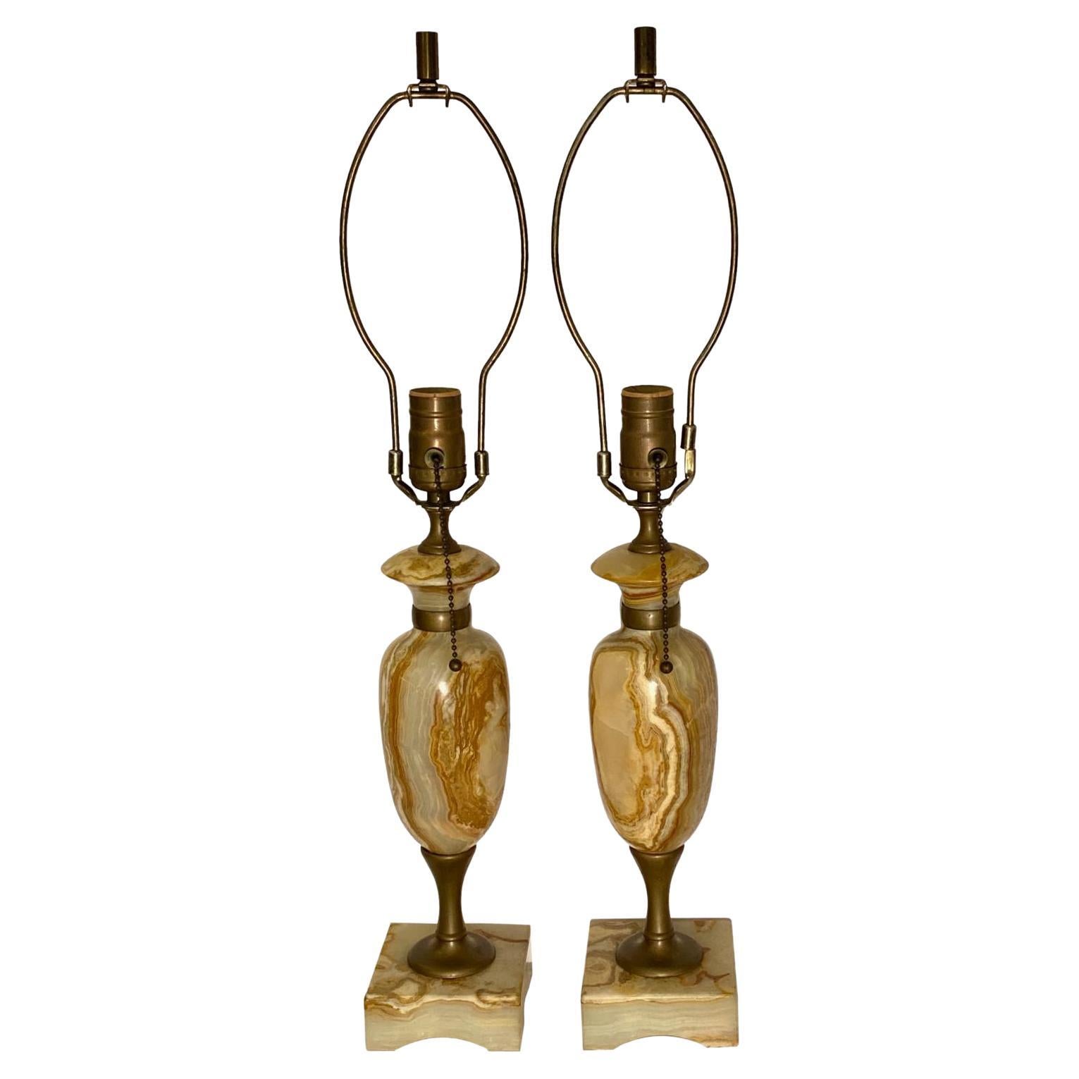 Pair of Onyx and Bronze Lamps For Sale