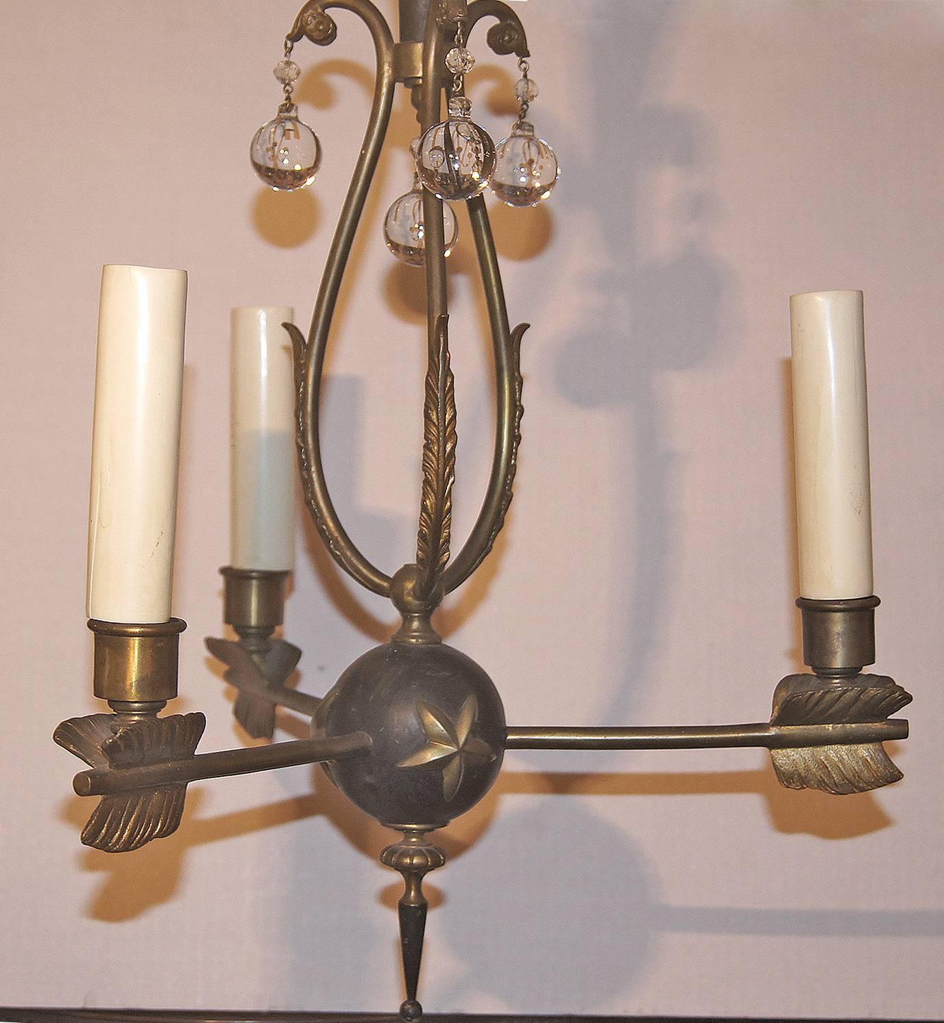 Three-Light Empire Bronze Chandelier In Excellent Condition For Sale In New York, NY