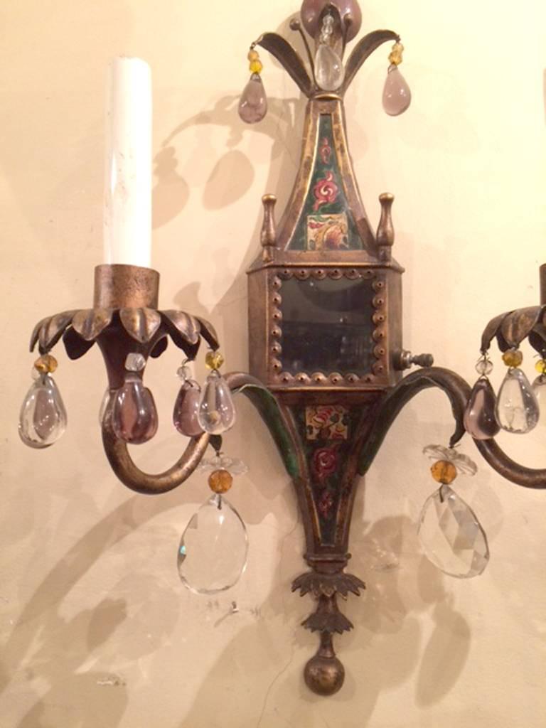 Early 20th Century Pair of English Painted Tole Sconces with Crystals For Sale