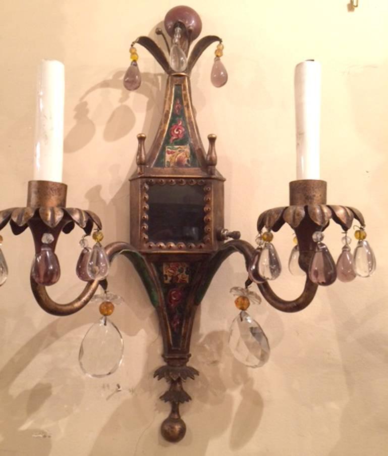 Pair of circa 1920's English double light sconces with original painted finish and crystal pendants.

Measurements:
Height: 18
