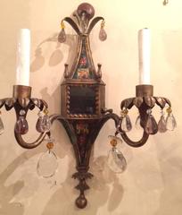 Pair of English Painted Tole Sconces with Crystals