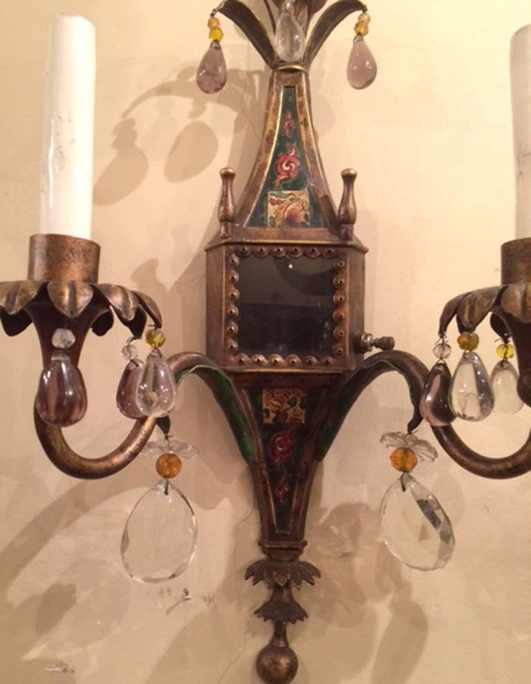Metal Pair of English Painted Tole Sconces with Crystals For Sale