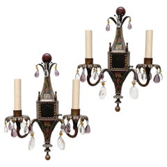 Pair of English Painted Tole Sconces with Crystals