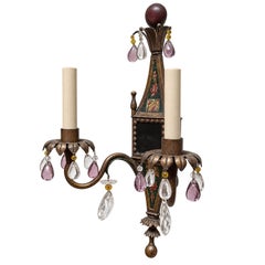 Pair of English Painted Tole Sconces with Crystals