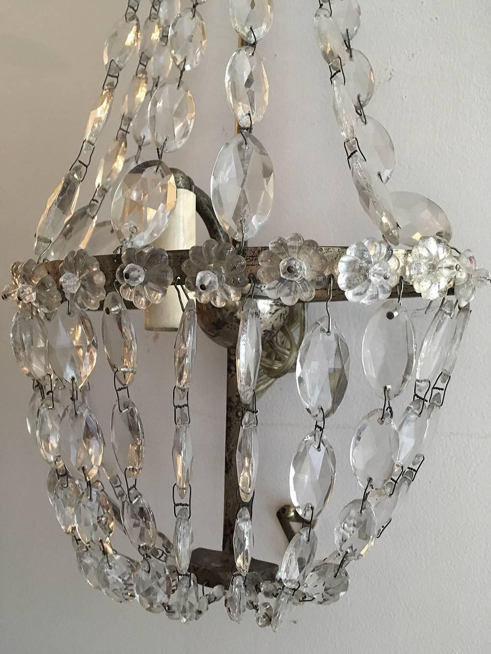 Swedish Pair of Silver Crystal Sconces For Sale