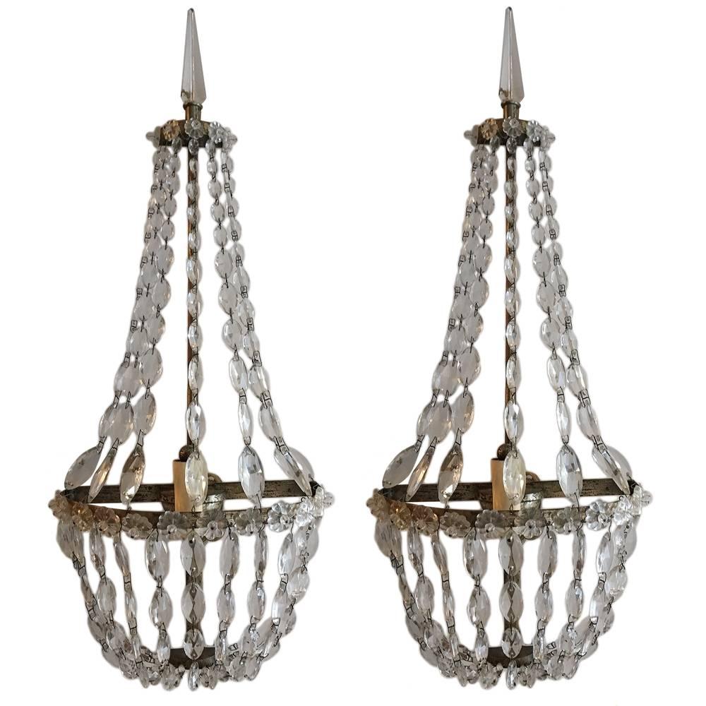 Pair of Silver Crystal Sconces For Sale