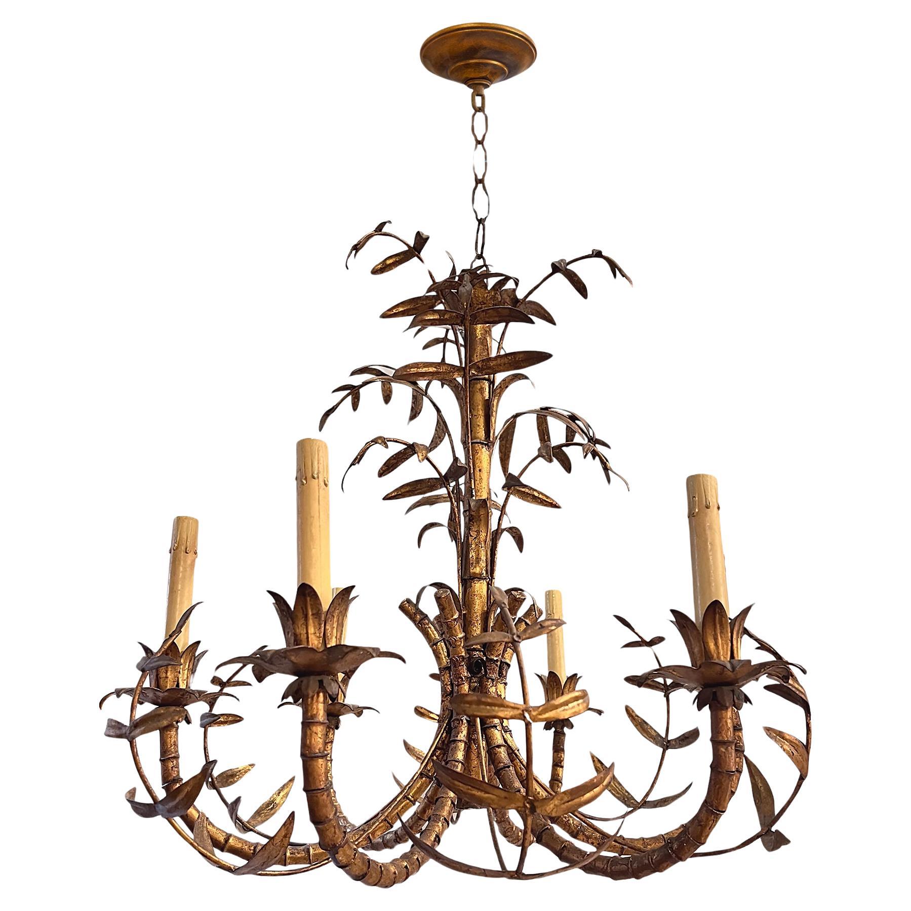 Gilt Metal "Bamboo" Chandelier For Sale