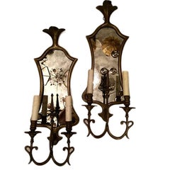 Vintage Pair of Bronze Sconces with Mirror Back