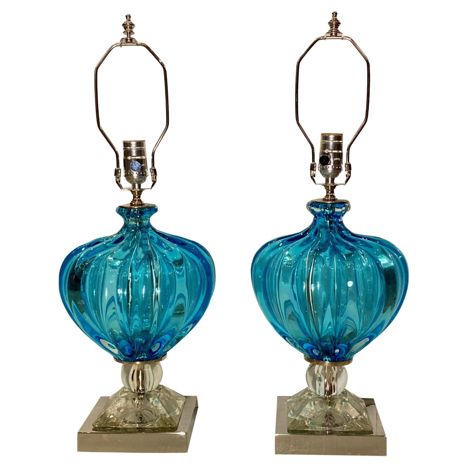 Pareja de lámparas azules de cristal de Murano