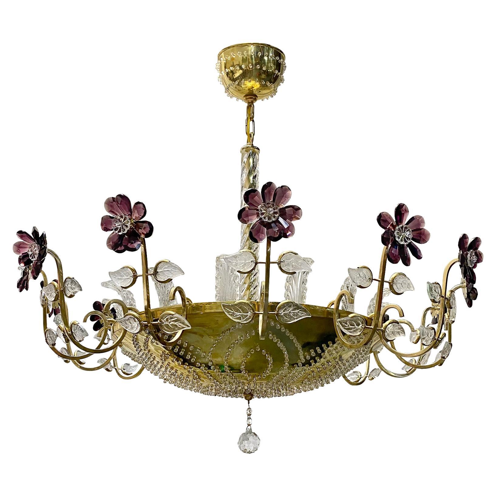 Gilt Metal Fixture with Amethyst Crystal Flowers For Sale