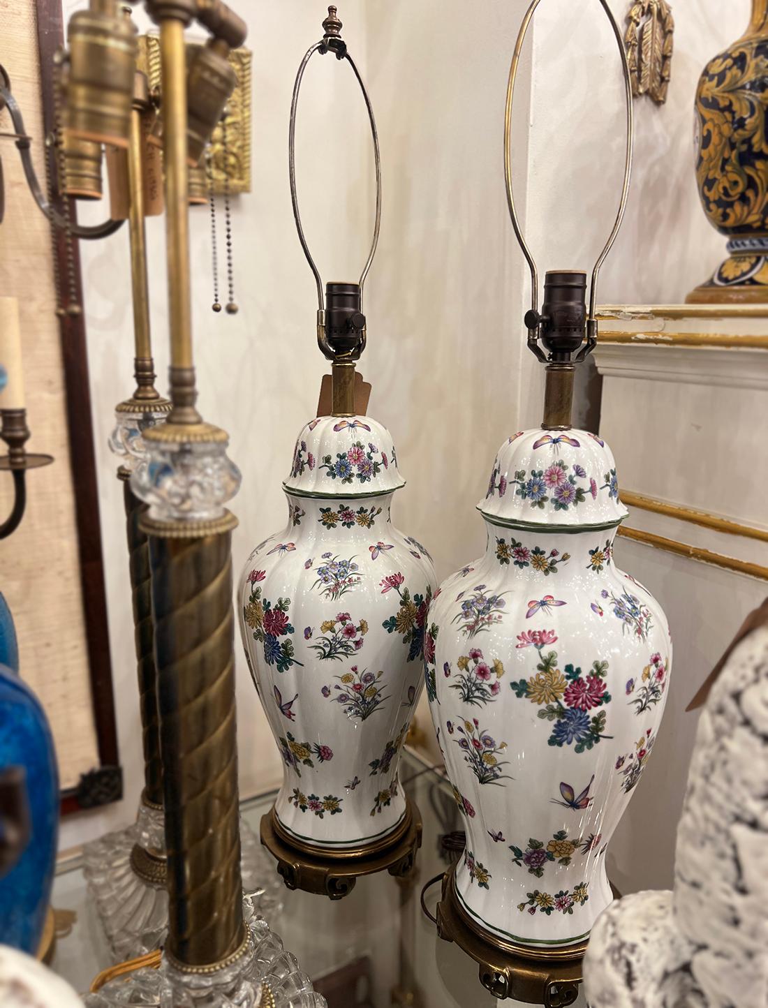 French Pair of Floral Porcelain Table Lamps