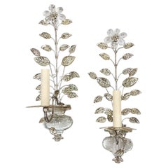 Set of Silver Leaf Sconces with Molded Glass Leaves, Sold Per Pair