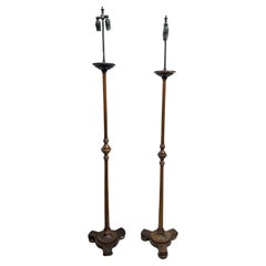Antique Pair of Carved Wood Floor Lamps, Sold Individually 