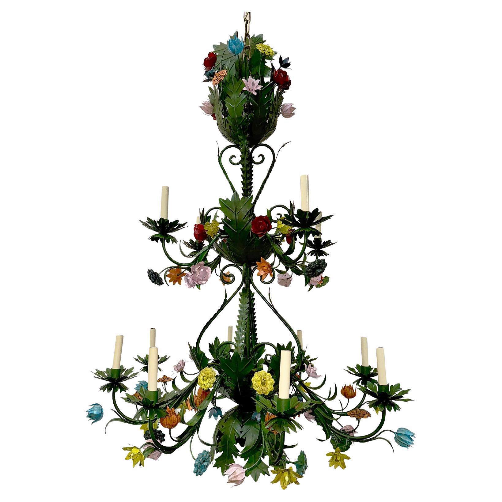 Pair of Italian Tole Chandeliers with Floral Motif, Sold Individually