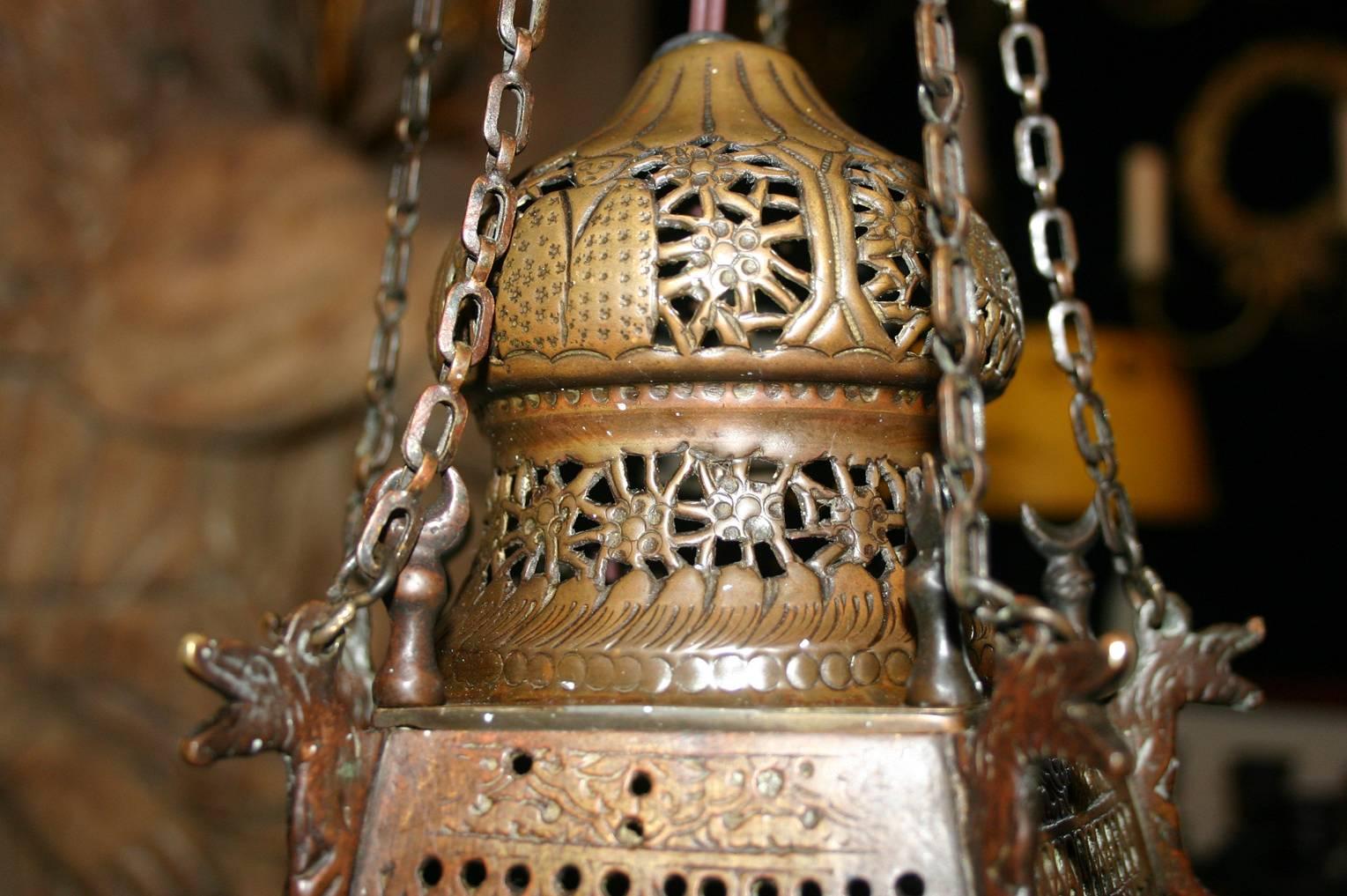 Turkish Patinated Brass Pierced Lantern For Sale