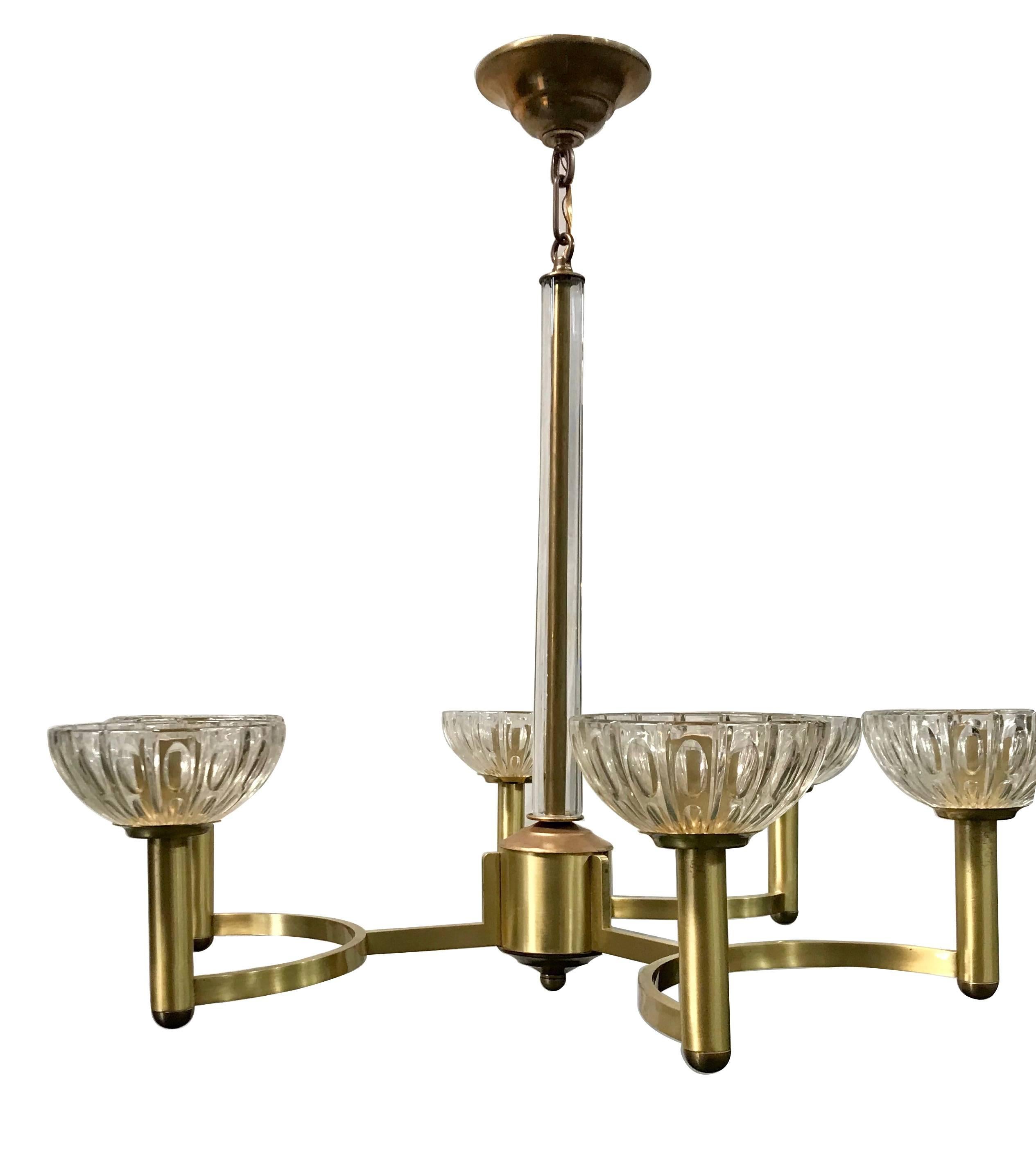 Italian brass chandelier with glass globes, circa 1960s.