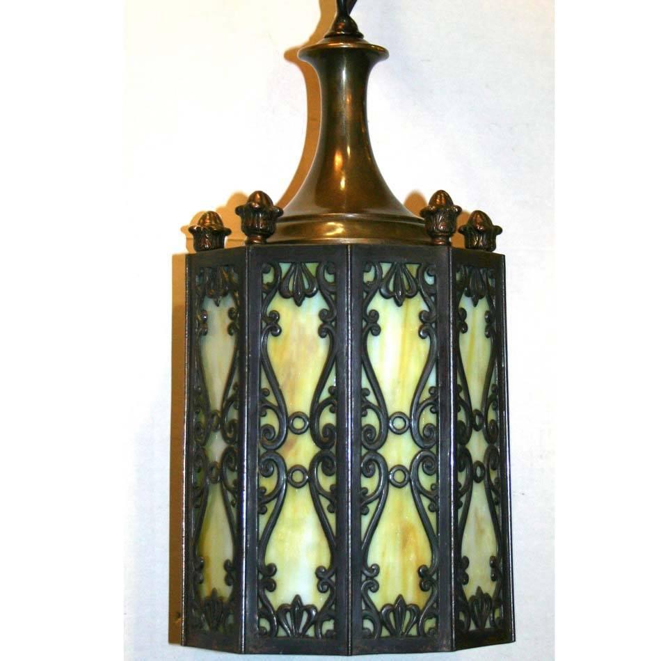 European Bronze and Leaded Glass Lantern For Sale