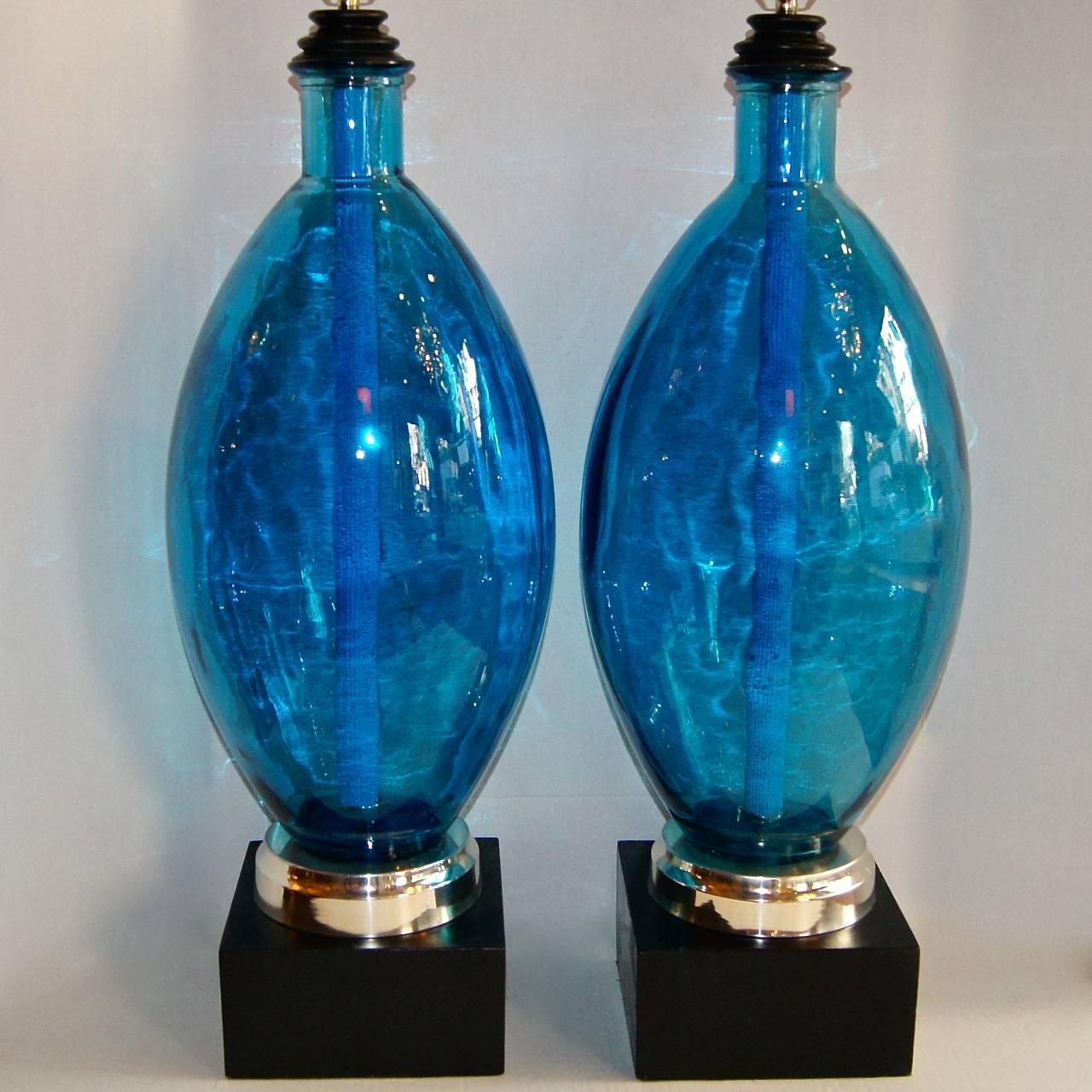 Italian Pair of Large  Blue Glass Lamps For Sale