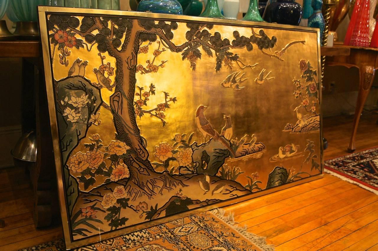 Chinese Large Lacquered Decorative Panel with Nature Motif