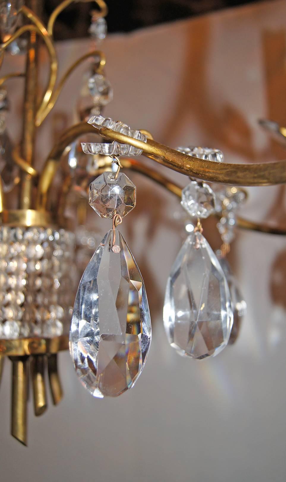 Gilt Metal Chandelier with Crystals In Good Condition For Sale In New York, NY