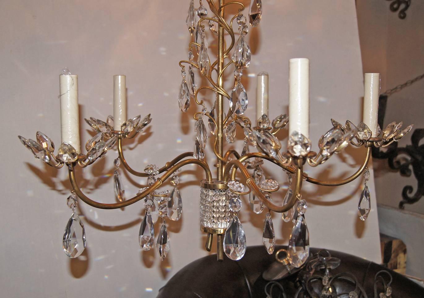 Mid-20th Century Gilt Metal Chandelier with Crystals For Sale