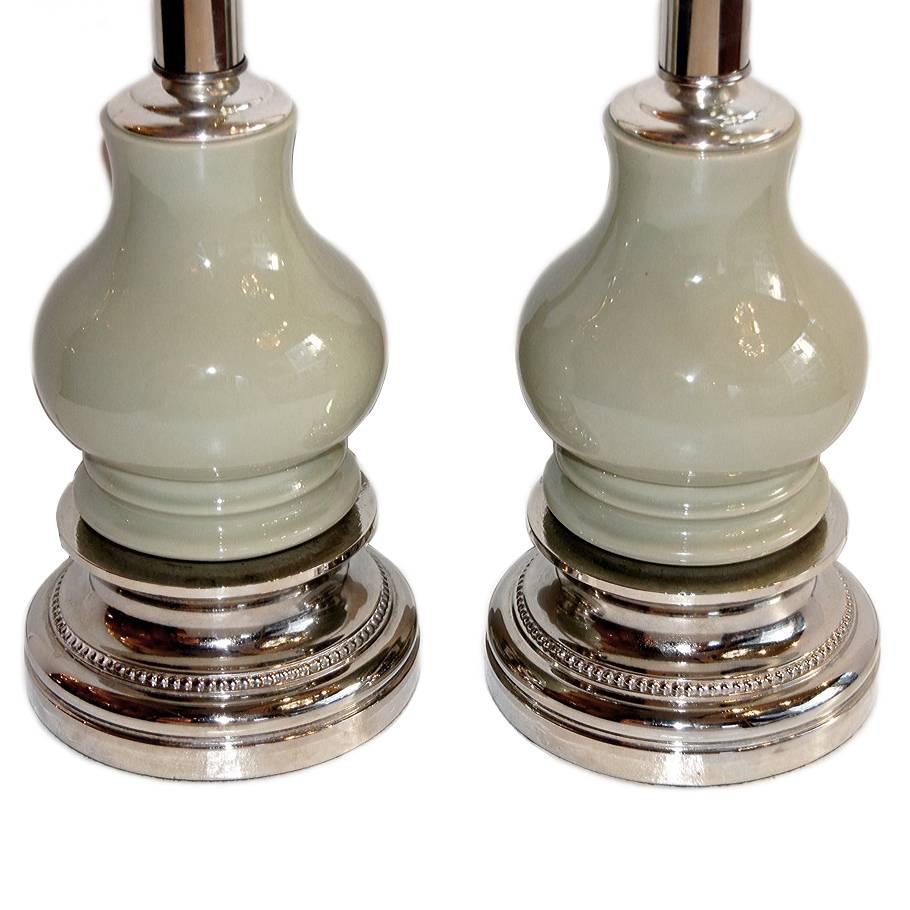 French Pair of Silver Plated Celadon Lamps For Sale
