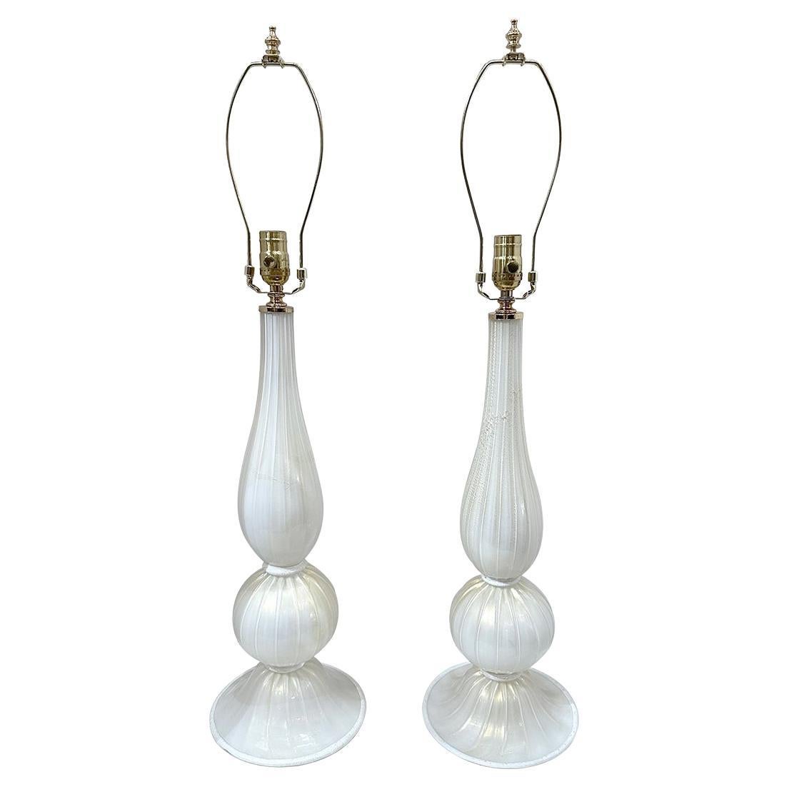 Pair of Large White and Gold Murano Lamps