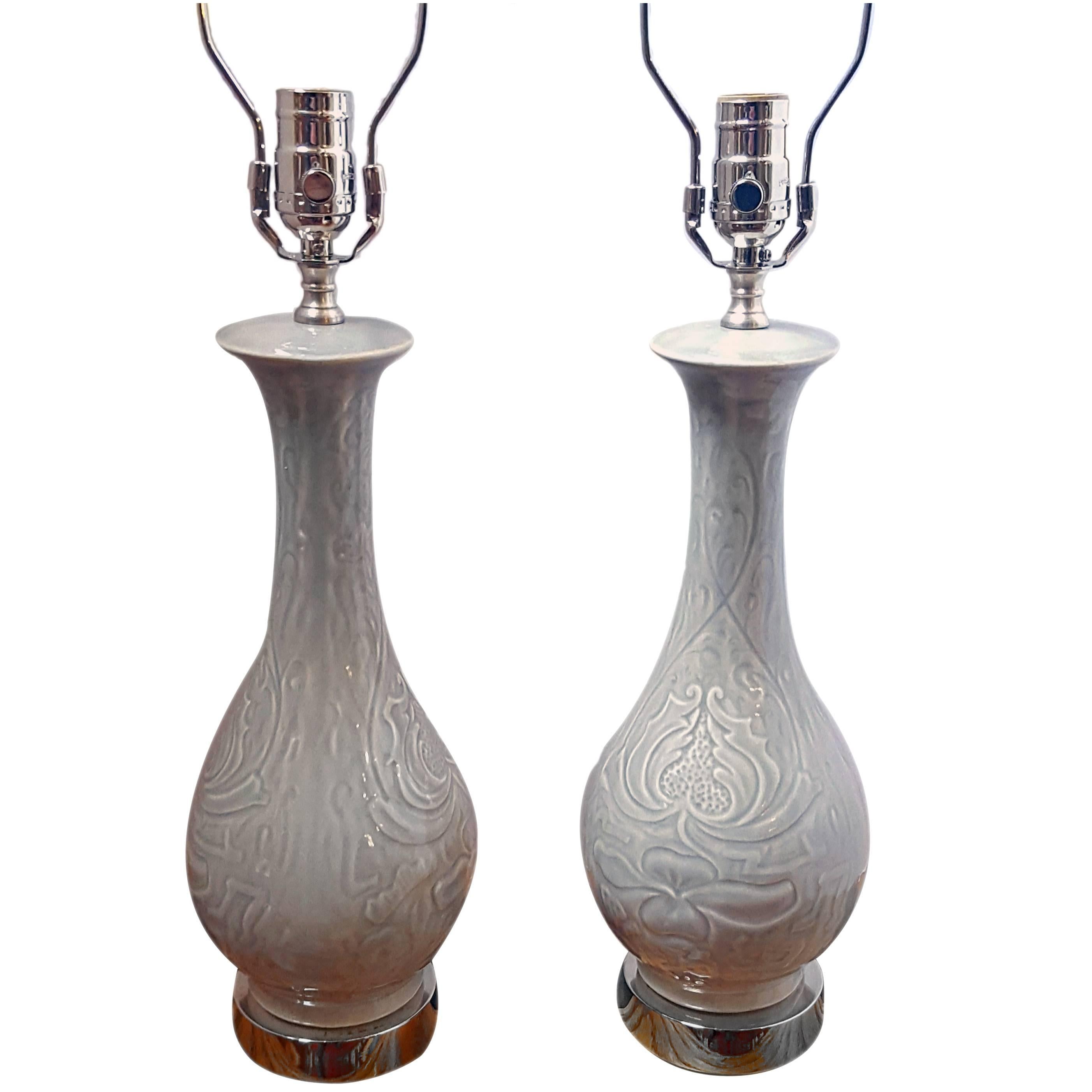 Pair of Porcelain Pale Celadon Lamps