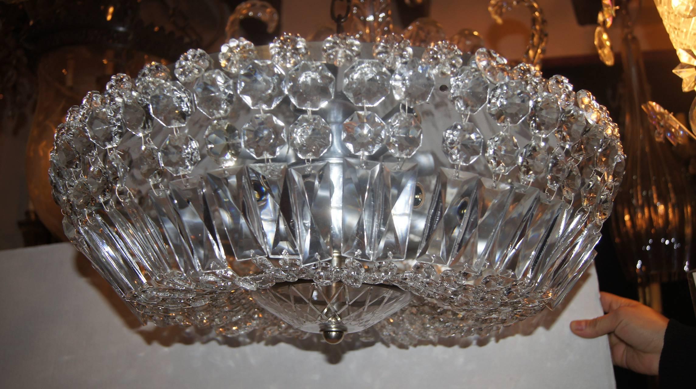 Mid-20th Century Crystal Flush Mount Light Fixture