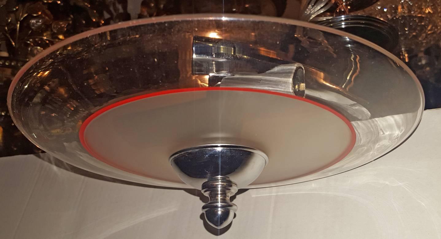 Semi flush, 1960s French nickel-plated light fixture with glass insets and six lights.