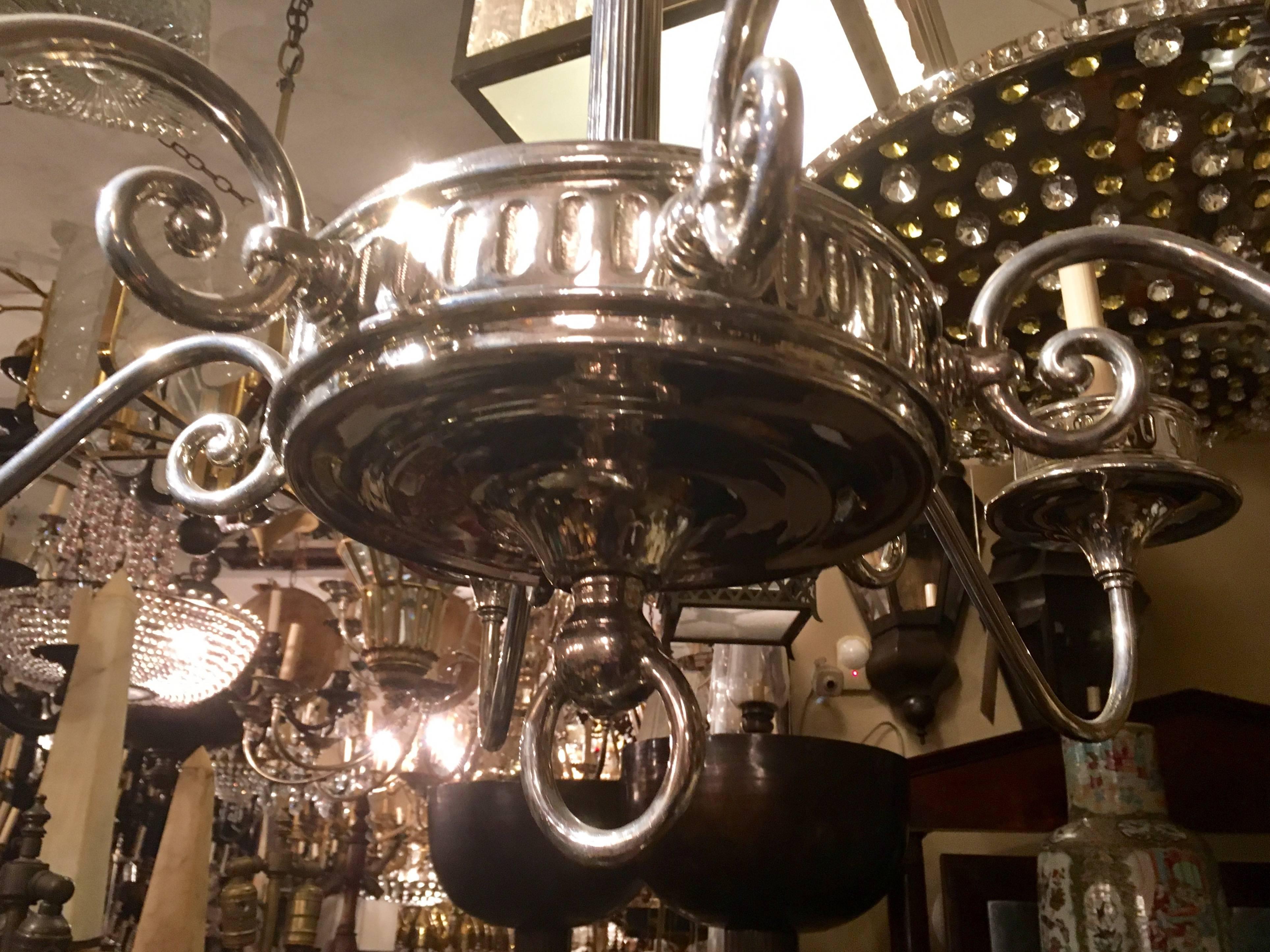Pair of Neoclassic Silver Plated Chandeliers For Sale 1