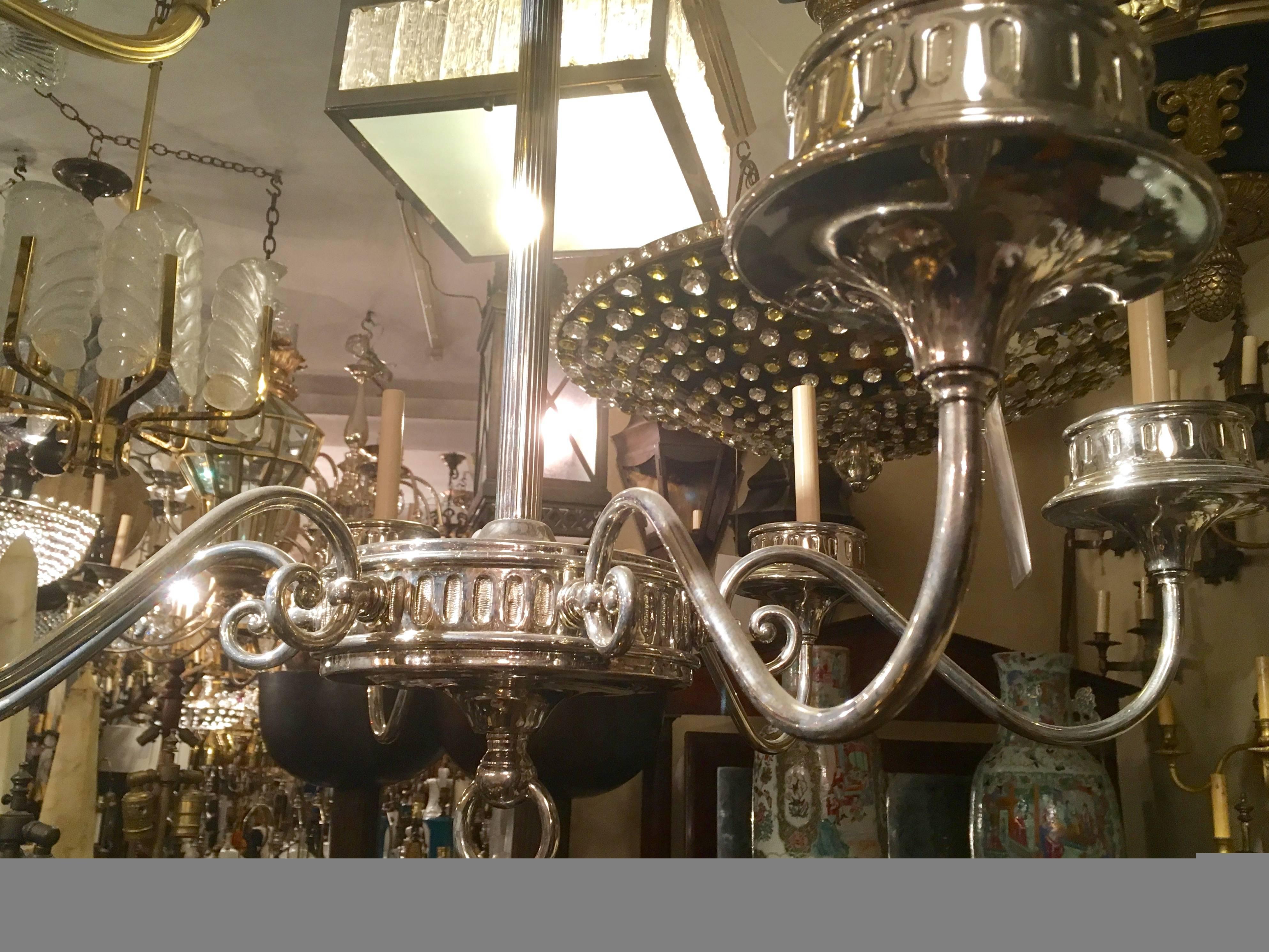 Pair of Neoclassic Silver Plated Chandeliers For Sale 2