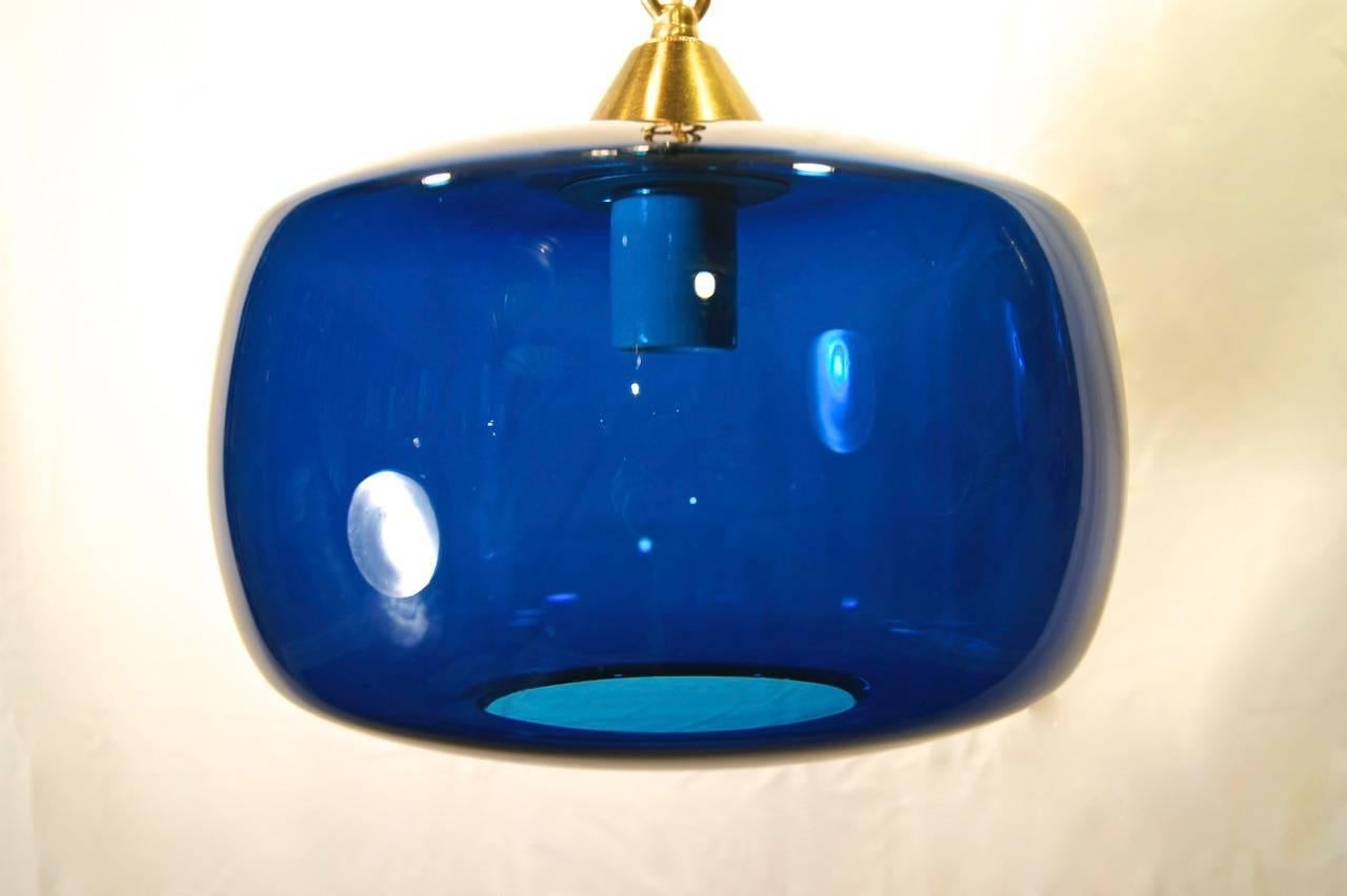 Swedish Blue Glass Pendant Fixture In Excellent Condition In New York, NY