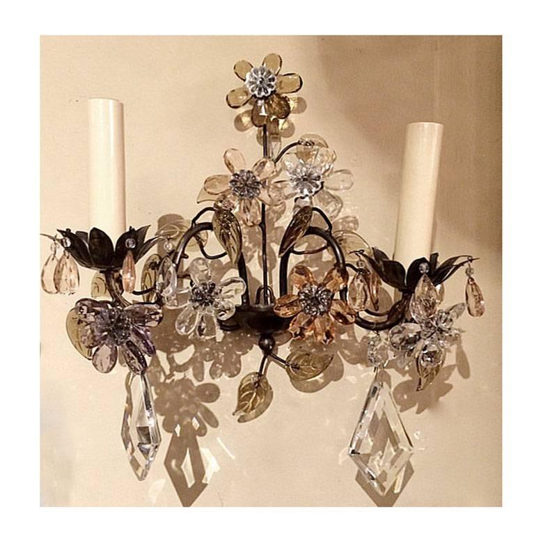 Mid-20th Century Pair of Crystal Flower Sconces For Sale