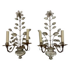 Set of 4 Gilt Metal Sconces with Molded Glass Leaves. Sold per Pair.