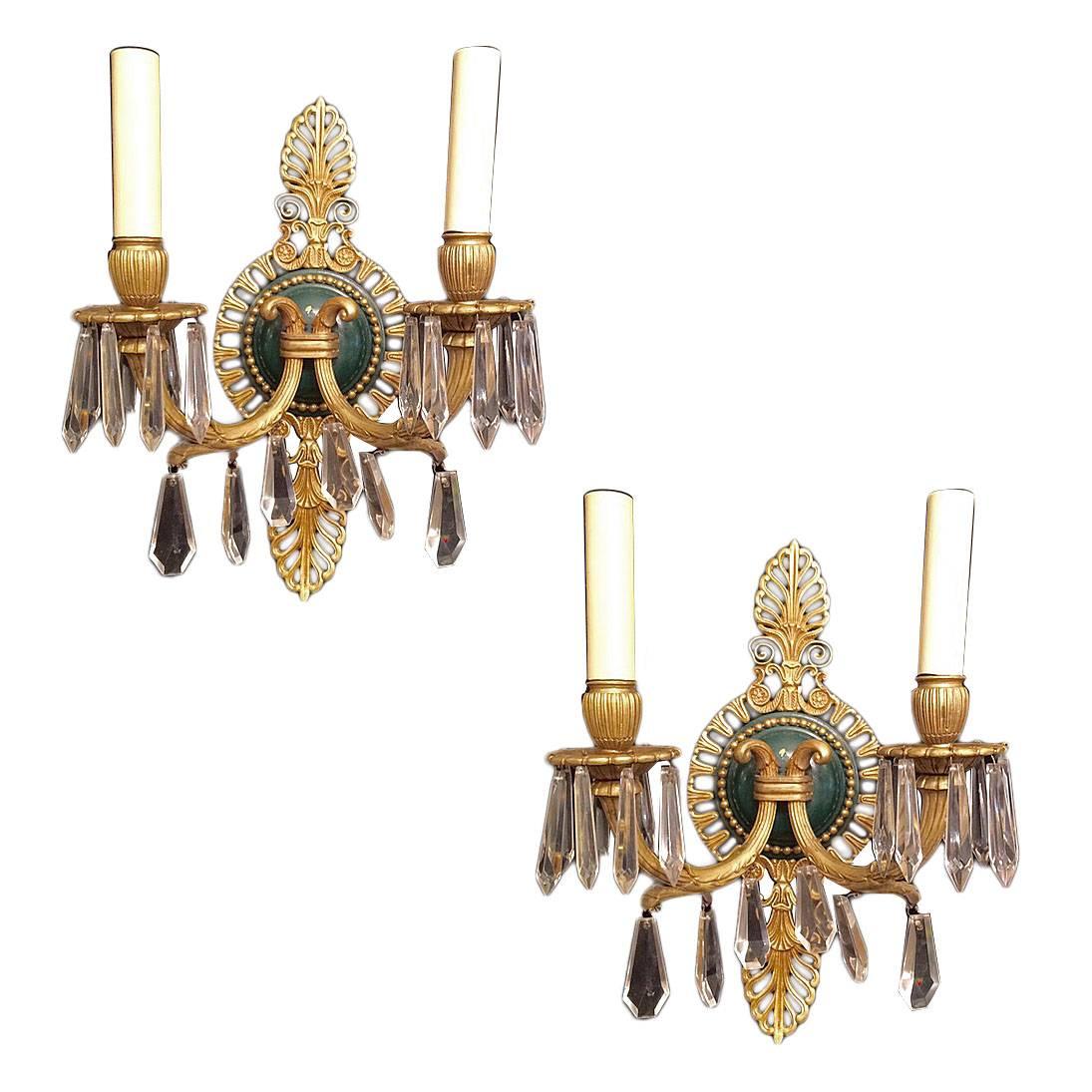 Pair of French Empire Sconces with Crystals