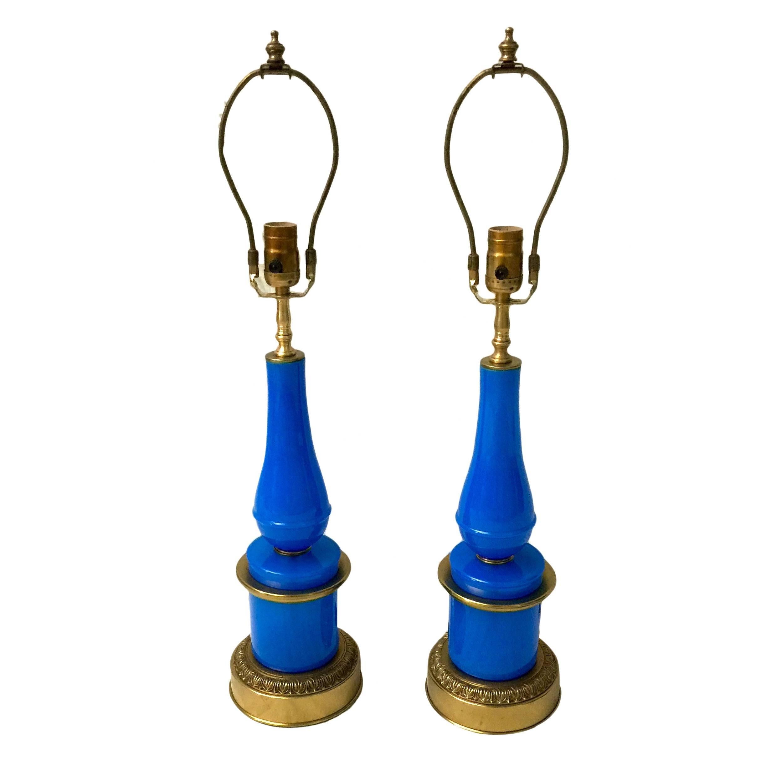 Pair of Blue Opaline Glass Lamps In Excellent Condition In New York, NY