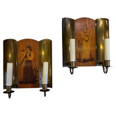 Pair of Vintage Art Deco Marquetry Wood Sconces