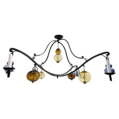 Large Swedish Iron Chandelier with Glass Pendants