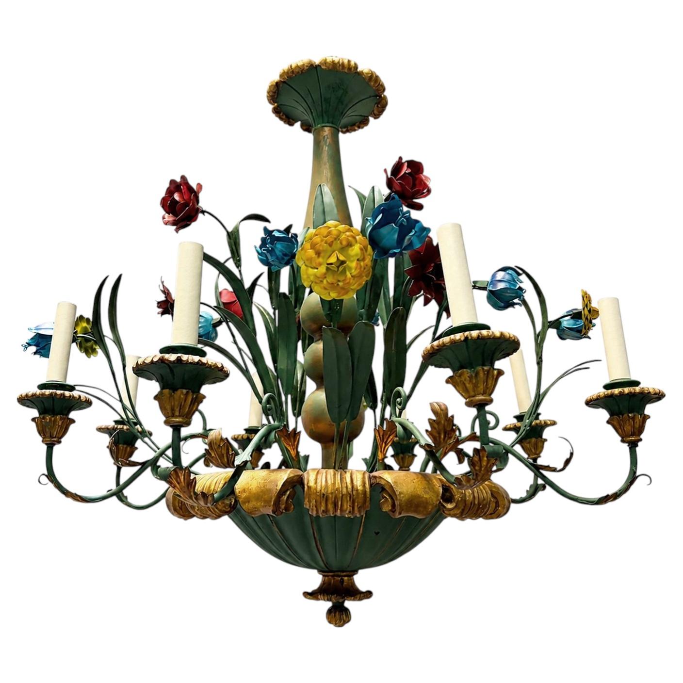 Floral Wood and Painted Tole Italian Chandelier