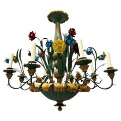 Floral Wood and Painted Tole Italian Chandelier