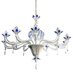 Large Midcentury Clear and Blue Murano Glass Chandelier
