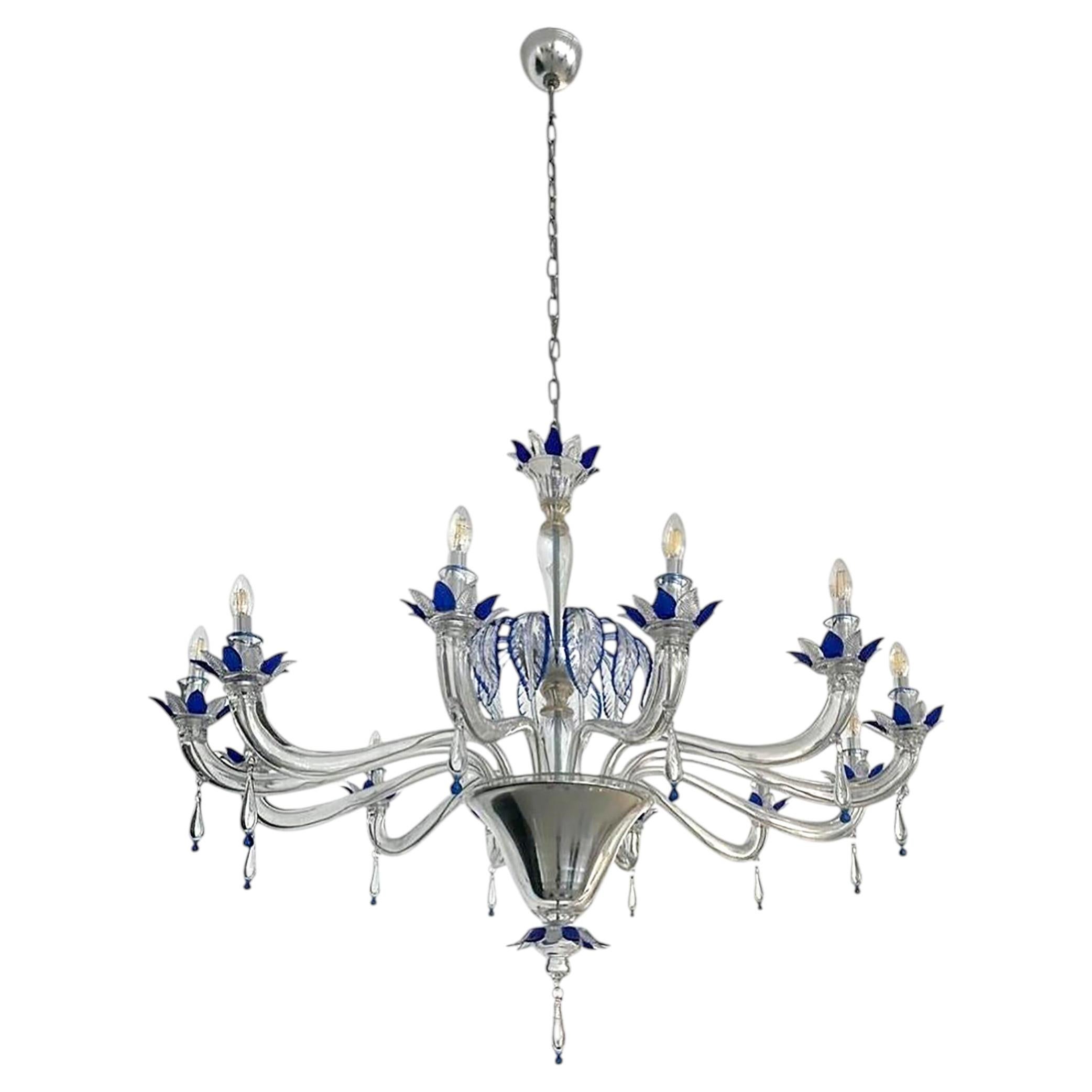Großer Kronleuchter aus klarem und blauem Murano-Glas aus der Mitte des Jahrhunderts im Angebot