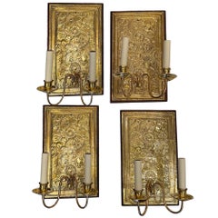 Set of English Repoussé Metal Floral Sconces. Sold per Pair