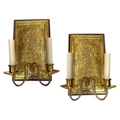 Set of English Repoussé Metal Floral Sconces. Sold per Pair