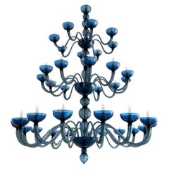 Large Vintage Midcentury Blue Murano Glass Chandelier